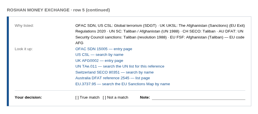 A part of the sample PDF report showing a match block with the decision line.